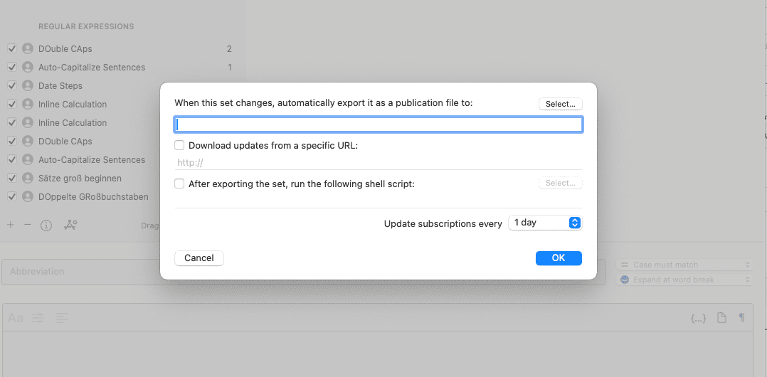 Screenshot of Typinator’s export and update settings dialog showing options to automatically export a snippet set, download updates from a URL, run a shell script after export, and configure subscription update frequency.