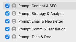 Screenshot of Typinator’s prompt category selection list showing checked prompt groups such as Content & SEO, Strategy & Analysis, Email & Newsletter, Communication & Translation, and Tech & Development.