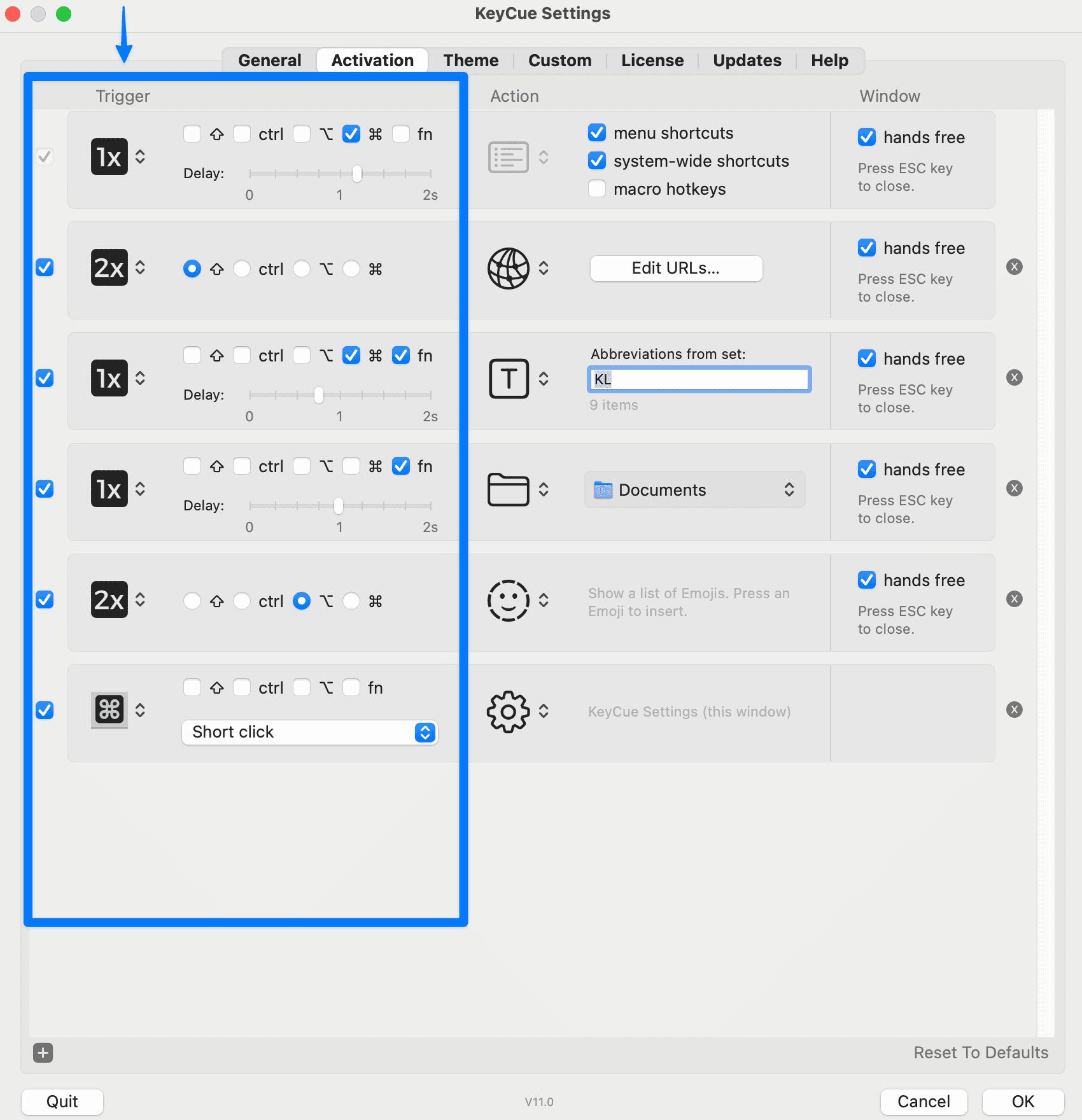 “Screenshot of the KeyCue Settings window showing the Activation tab, with multiple keyboard trigger combinations highlighted on the left and corresponding actions on the right, demonstrating how users customize shortcut triggers and hands-free activation for Typinator and system-wide commands.