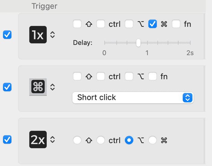 Close-up screenshot of KeyCue’s trigger settings showing single-press, short-click, and double-press keyboard triggers with adjustable modifier keys and delay sliders, demonstrating how users customize activation methods for Typinator shortcuts.