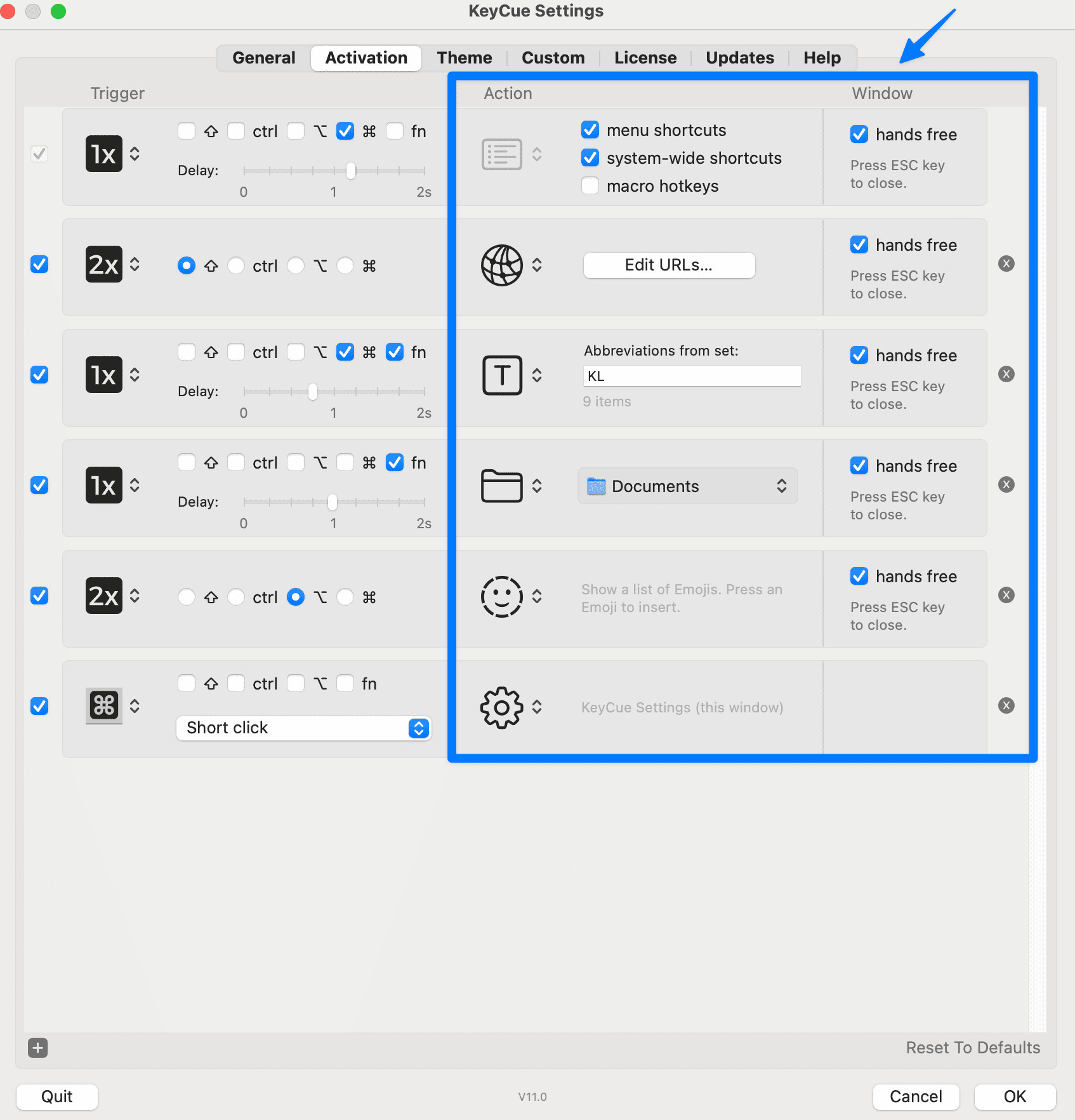“Screenshot of the KeyCue Settings window showing the Activation tab with action options such as menu shortcuts, system-wide shortcuts, URL lists, abbreviation sets, documents, emoji lists, and KeyCue settings, each paired with hands-free window controls—demonstrating how users customize Typinator and KeyCue shortcut actions for efficient macOS workflows.