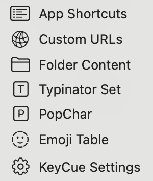 List of KeyCue action categories including App Shortcuts, Custom URLs, Folder Content, Typinator Set, PopChar, Emoji Table, and KeyCue Settings, showing the options available for customizing shortcut displays and Typinator integrations.