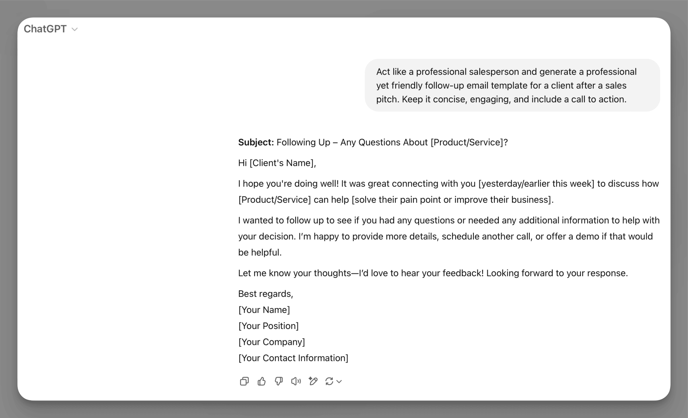 Screenshot of a ChatGPT conversation generating a professional follow-up email template, showing subject line, body text and placeholders—illustrating how Typinator users can save time by turning AI-created email templates into reusable text expansion snippets.