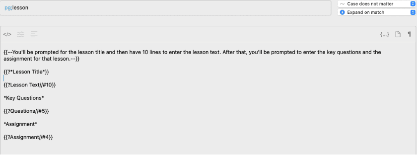 Screenshot of a Typinator expansion snippet using the abbreviation ‘pg;lesson,’ showing a structured lesson-plan template with prompts for title, text, key questions, and assignments—demonstrating how Typinator automates educational content creation with dynamic input fields.