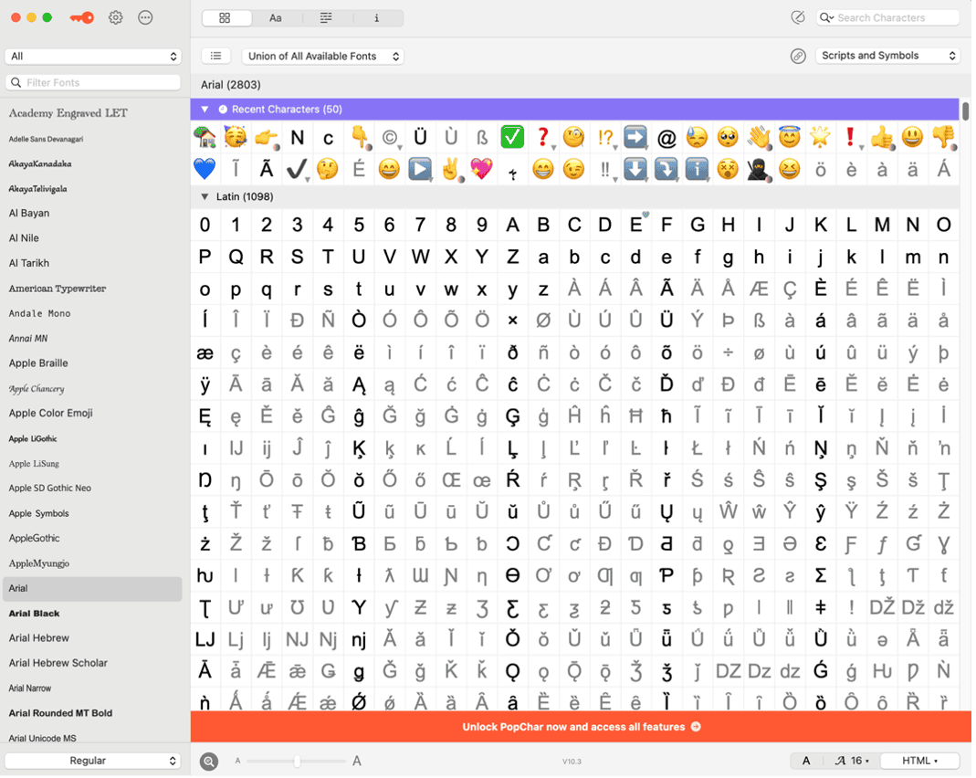 Screenshot of the PopChar app on macOS showing the Arial character set with emoji, symbols, and accented letters, helping users in Europe quickly insert special characters and fonts into their documents.