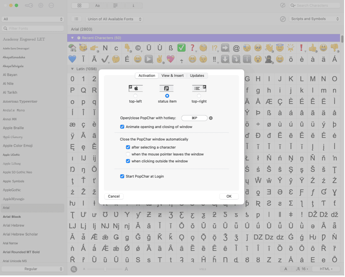 Screenshot of the PopChar app on macOS showing the settings window for activation options and hotkey configuration, displayed over the character table—helping users in Europe adjust PopChar shortcuts and window behavior.