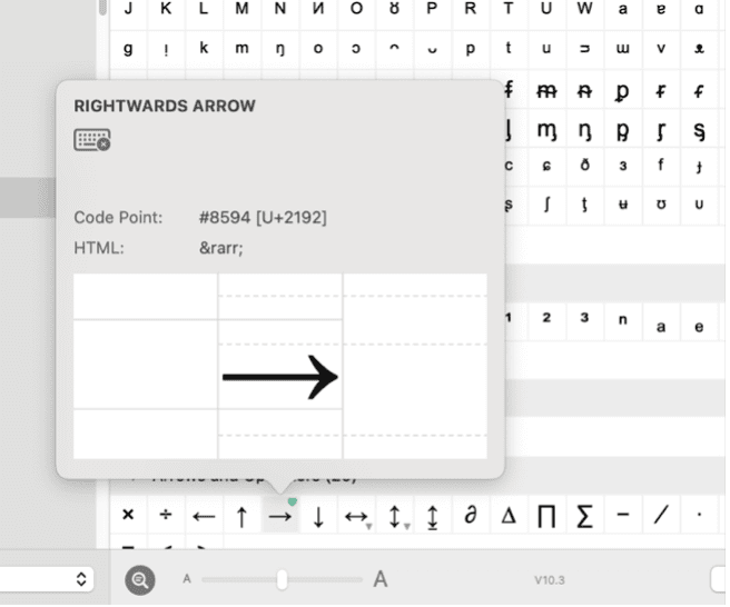 Screenshot of the PopChar app on macOS showing the character info popup for the rightwards arrow symbol, including code point U+2192 and HTML entity →, helping users in Europe identify and insert special symbols.