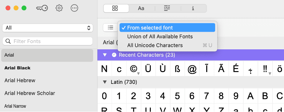 Screenshot of the PopChar app on macOS showing the font selection menu with options for ‘From selected font’, ‘Union of All Available Fonts’, and ‘All Unicode Characters’, used to browse special characters and symbols in European languages.