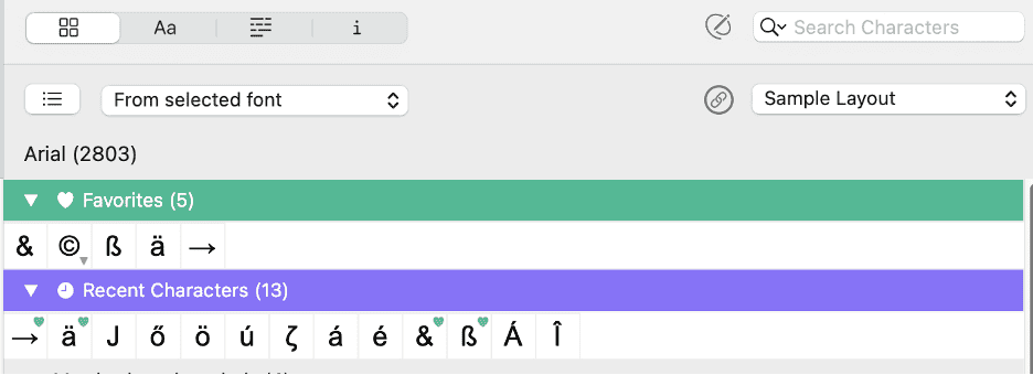Screenshot of the PopChar app on macOS displaying the Arial character set with Favorites and Recent Characters sections, showing quick access to symbols and accented letters commonly used in European languages.