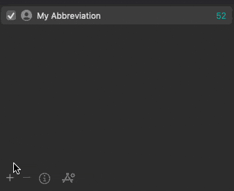 Animated GIF of the PopChar app on macOS showing a user adding a new abbreviation entry in the abbreviation list, demonstrating how to create and manage custom shortcuts for faster text input in European languages.