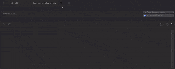 Animated GIF of the PopChar app on macOS showing a user dragging abbreviation sets to reorder and change priority, demonstrating how to organize text expansion sets for efficient typing in European languages.