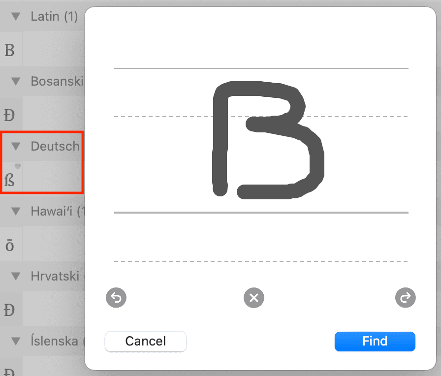 Screenshot of the PopChar app showing the handwriting search feature with a drawn ‘ß’ (Eszett) character and the German character group highlighted, demonstrating how users in Europe can find special German letters using shape recognition.