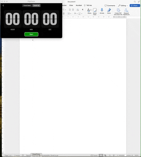 Animated GIF showing PopChar inserting special characters into a Microsoft Word document on macOS while a FlipClock timer runs, demonstrating how users in Europe can quickly enter symbols and accented characters using PopChar.