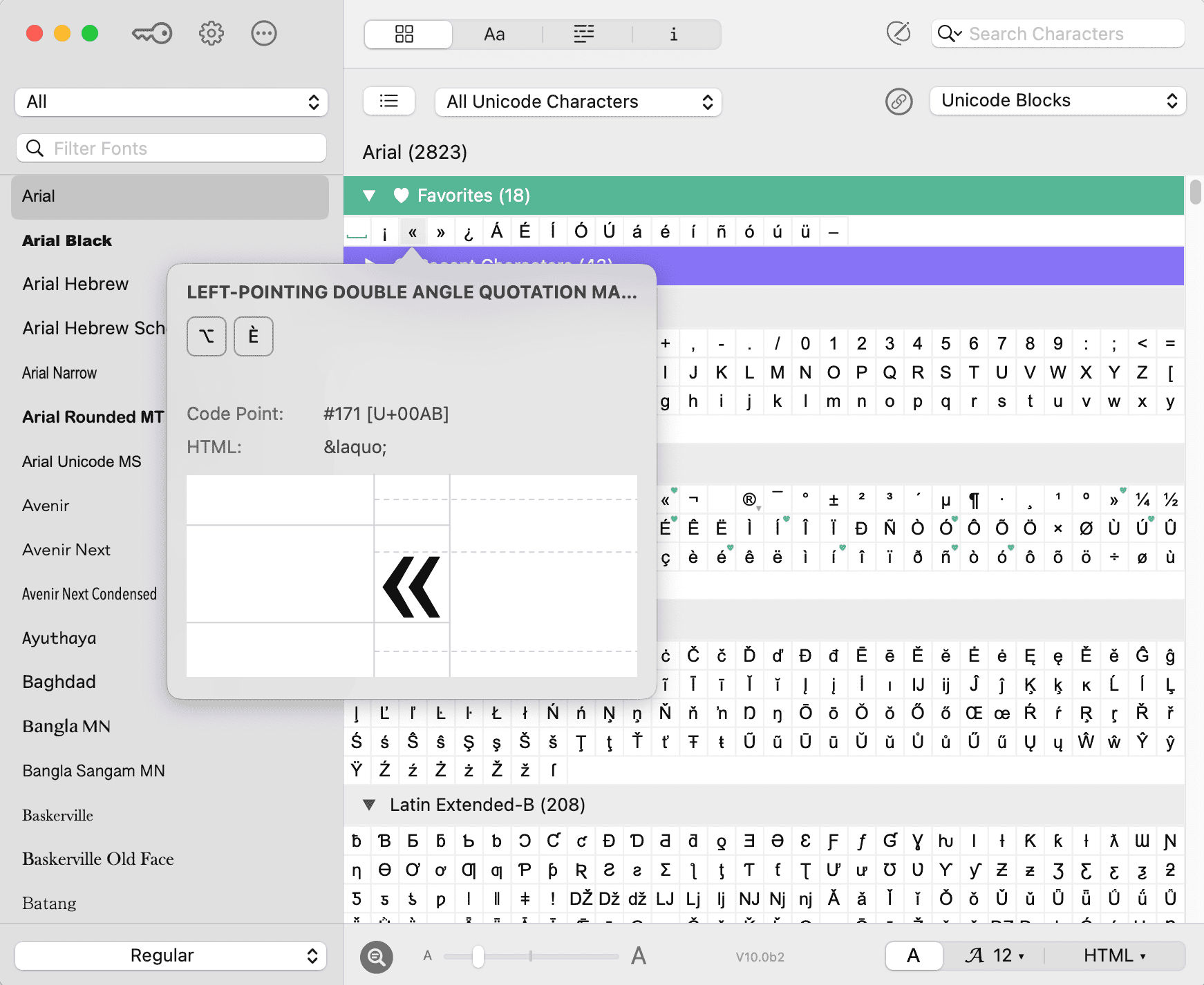 Screenshot of the PopChar app on macOS showing the character info popup for the left-pointing double angle quotation mark (U+00AB), including its HTML entity «, displayed within the Arial Unicode character set to help users in Europe insert typographic symbols.
