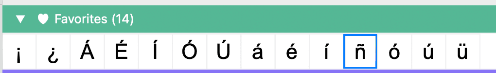 Screenshot of the PopChar app showing the Favorites section with commonly used accented Spanish characters such as á, é, í, ó, ú, ü, ñ, and inverted punctuation, helping users in Europe quickly insert special characters.