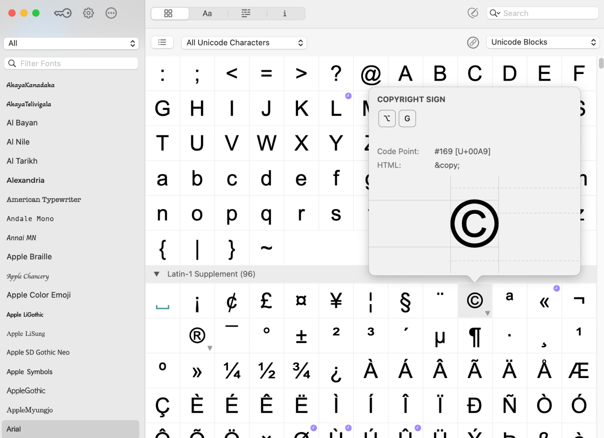 Screenshot of the PopChar app on macOS showing the character info popup for the copyright symbol ©, including its Unicode code point U+00A9 and HTML entity ©, displayed within the Latin-1 Supplement block to help users in Europe insert special symbols.