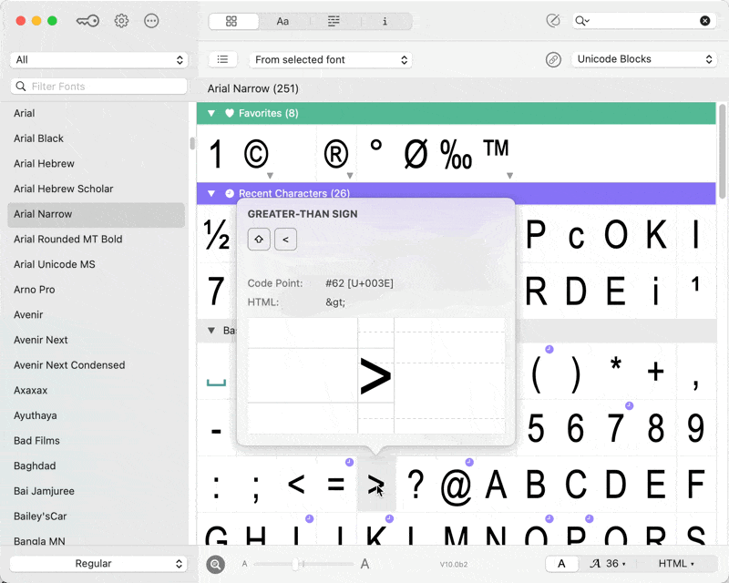 Animated GIF of the PopChar app on macOS showing the character info popup for the greater-than sign (U+003E) within the Arial Narrow font, demonstrating how users in Europe can view Unicode details and insert special symbols with PopChar.