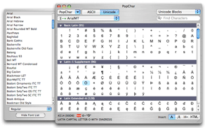 Screenshot of an earlier PopChar interface showing the Unicode character table for the Arial MT font, including basic Latin, Latin-1 Supplement, and Latin Extended characters, demonstrating how PopChar helps users view and insert special symbols and accented letters on macOS.