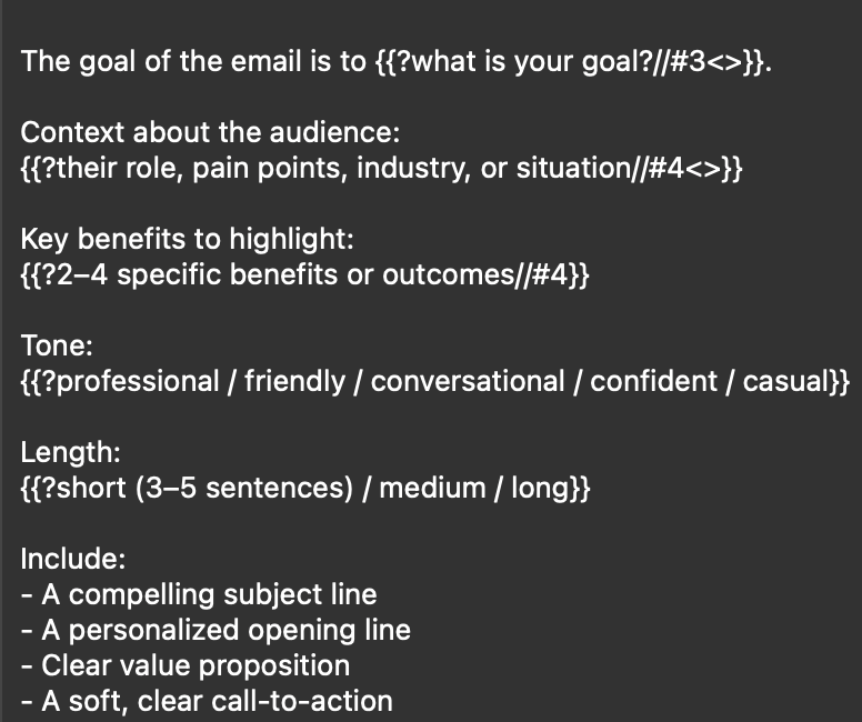 Screenshot of Typinator on macOS showing an interactive text expansion template with input fields for goal, audience context, benefits, tone, and length, demonstrating how users in Europe can generate structured outreach emails with Typinator placeholders