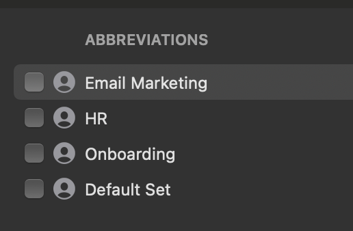 Screenshot of Typinator on macOS showing the Abbreviations sidebar with multiple expansion sets (Email Marketing, HR, Onboarding, Default Set), illustrating how users in Europe can organize and manage text expansion sets.