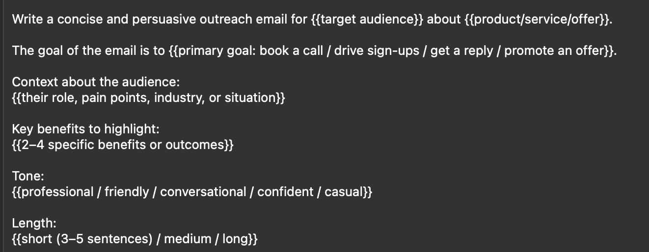 Typinator for macOS showing an AI email outreach template expansion with placeholders for target audience, product/service, goal, audience context, key benefits, tone, and length for fast email writing.