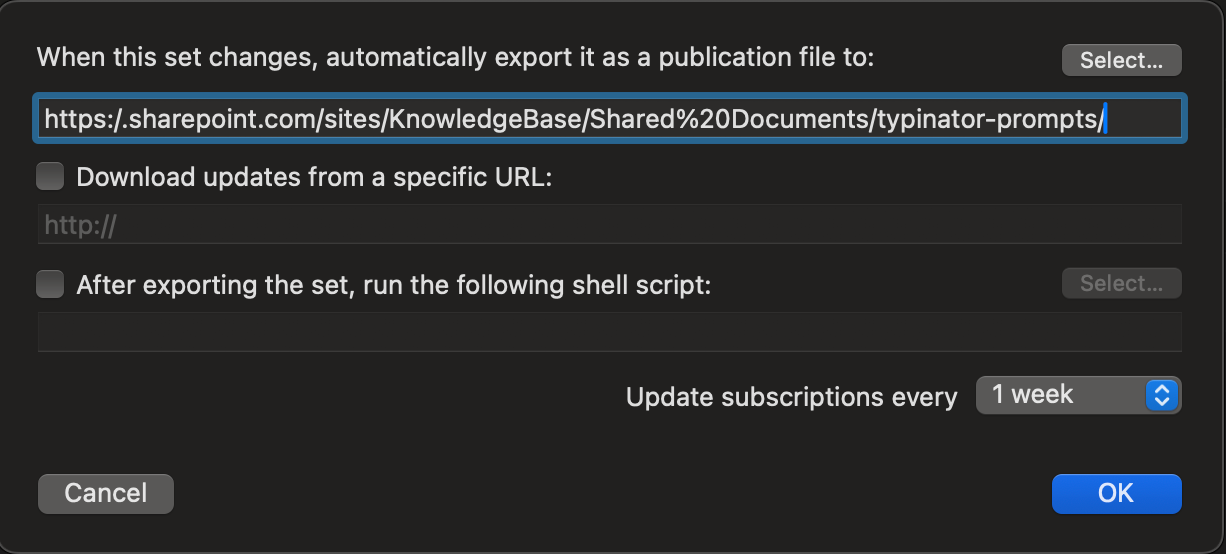 Screenshot of Typinator on macOS showing the subscription and export settings for an abbreviation set, including automatic publication export to a SharePoint URL and weekly update subscriptions, helping users in Europe manage shared Typinator sets.