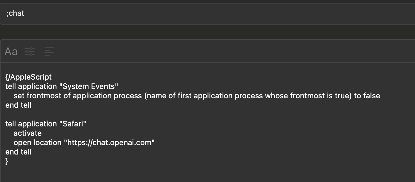 Screenshot of Typinator on macOS showing an abbreviation expansion containing an embedded AppleScript that opens Safari and loads chat.openai.com, demonstrating how users in Europe can automate actions with script-based expansions.