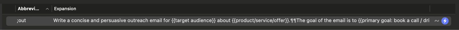 Screenshot of Typinator on macOS showing an abbreviation entry (‘;out’) with an AI-style expansion template for writing a concise outreach email using placeholders like {{target audience}} and {{product/service/offer}}, helping users in Europe create reusable text snippets.