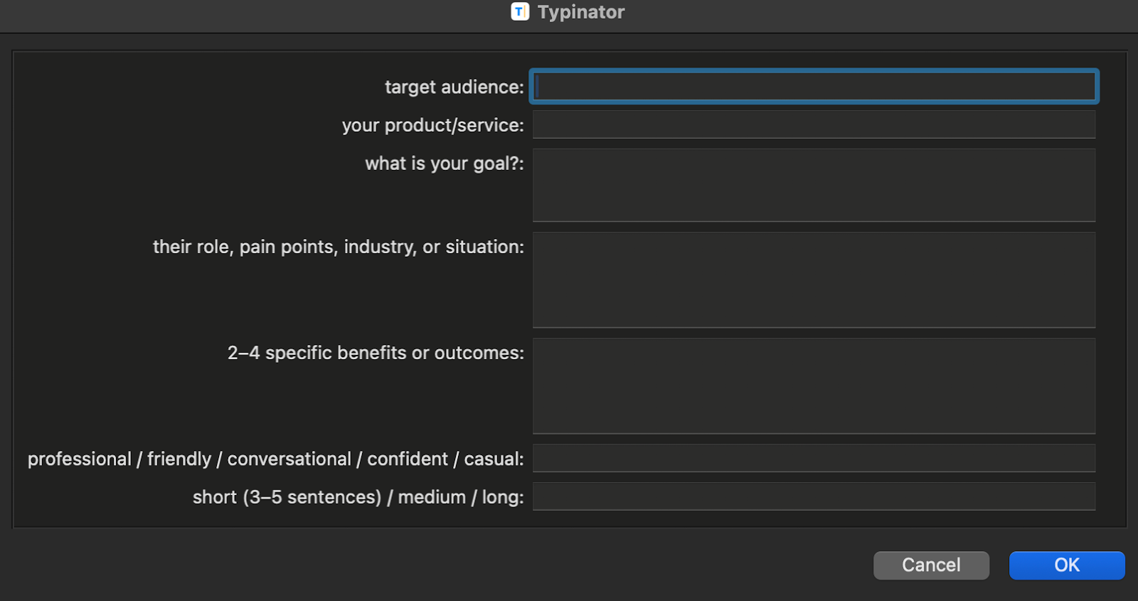 Screenshot of Typinator on macOS showing an interactive input dialog for an outreach email template, with fields for target audience, product/service, goal, audience context, key benefits, tone, and length, helping users in Europe create structured text expansions.