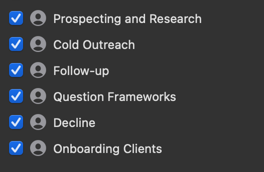 Typinator for macOS abbreviations list showing multiple enabled text expansion sets (Prospecting and Research, Cold Outreach, Follow-up, Question Frameworks, Decline, Onboarding Clients) for organizing templates and automations.