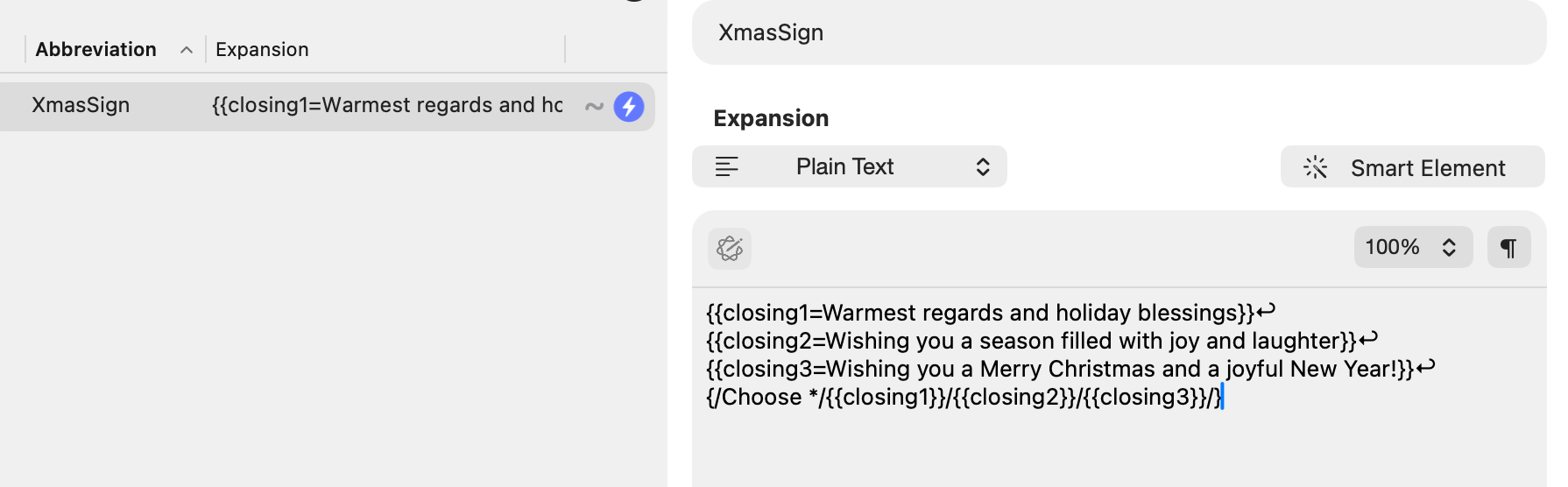 Screenshot of the PopChar abbreviation editor on macOS showing a custom shortcut named ‘XmasSign’ with conditional closing text options, demonstrating how users in Europe can create dynamic text snippets with PopChar.