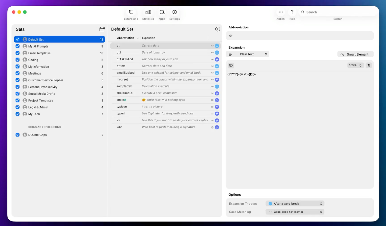 Screenshot of a text expansion app interface on macOS showing a sidebar of snippet sets (such as “Default Set,” “Email Templates,” and “Coding”), a central list of abbreviations and their expansions, and a right panel editing the abbreviation “dt” that expands to the current date formatted as {YYYY}-{MM}-{DD}.