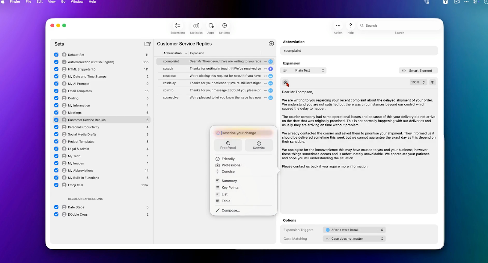 Screenshot of a macOS text expansion app with the “Customer Service Replies” snippet set selected, showing a list of customer support email templates in the center and an editor on the right displaying a complaint response message starting with “Dear Mr Thompson.” An AI editing menu with options like Proofread, Rewrite, Friendly, Professional, and Concise appears over the interface.