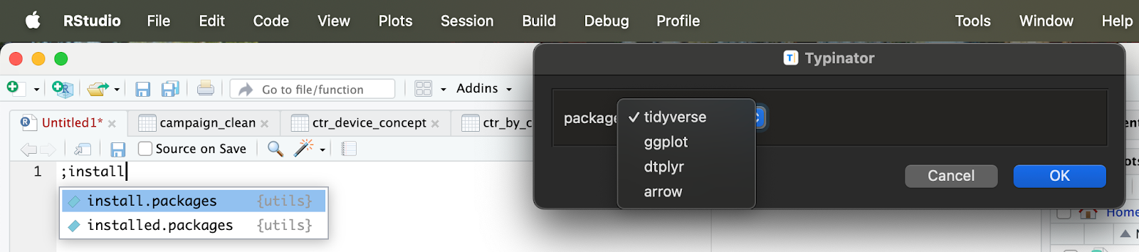Screenshot of the RStudio interface with a script editor open. The user has typed “;install,” triggering an autocomplete suggestion for functions like install.packages and installed.packages. Overlaid is a Typinator popup showing a dropdown of package names (tidyverse selected, along with ggplot, dplyr, and arrow) and an OK/Cancel dialog, indicating a text expansion workflow for inserting R package installation commands.