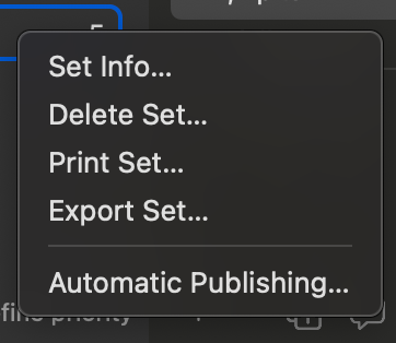 Screenshot of a dark-themed Typinator context menu showing options for managing a snippet set, including “Set Info…,” “Delete Set…,” “Print Set…,” “Export Set…,” and “Automatic Publishing…”.