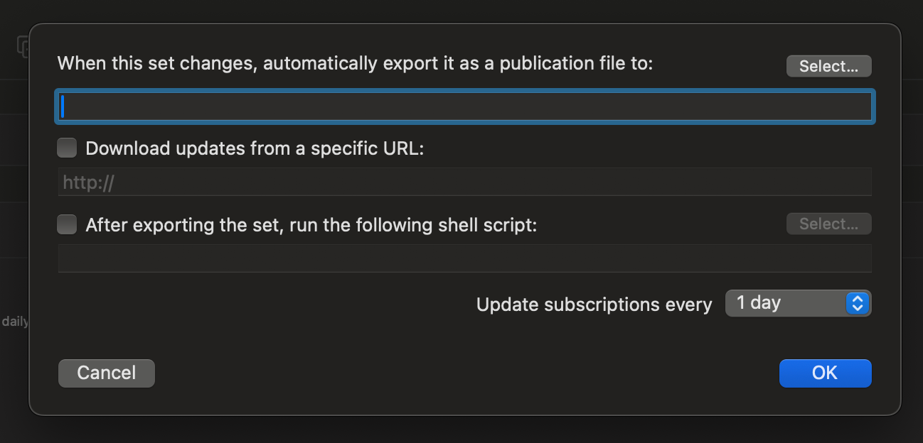 Screenshot of a dark-themed Typinator settings dialog for “Automatic Publishing.” It includes fields to automatically export a snippet set to a selected file location, optionally download updates from a specified URL, and run a shell script after export. At the bottom, there is an option to update subscriptions at a set interval (e.g., every 1 day), along with “Cancel” and “OK” buttons.