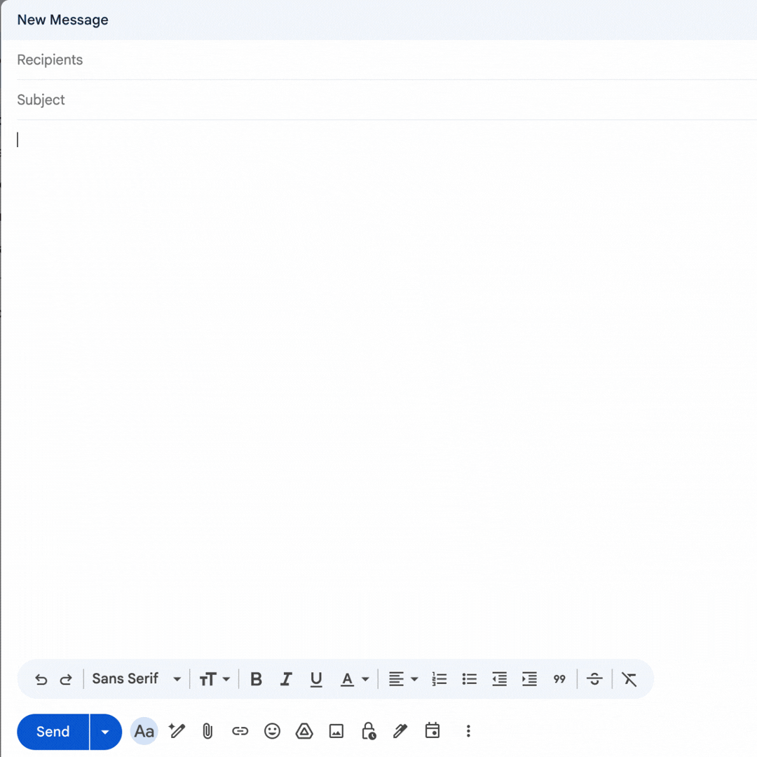 Screenshot of a blank email composition window. At the top is the heading ‘New Message,’ with fields for ‘Recipients’ and ‘Subject’ below. The main message area is empty. At the bottom, there is a formatting toolbar with options like font, bold, italic, and lists, along with a blue ‘Send’ button.