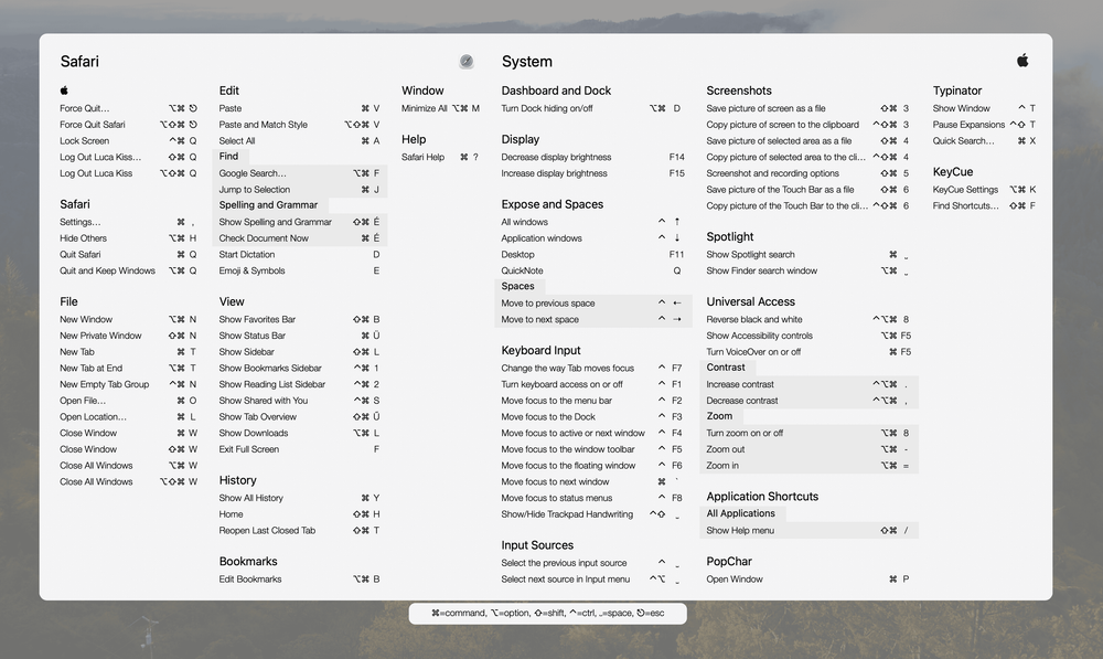 KeyCue Übersicht der Tastaturkürzel einer App auf dem Mac