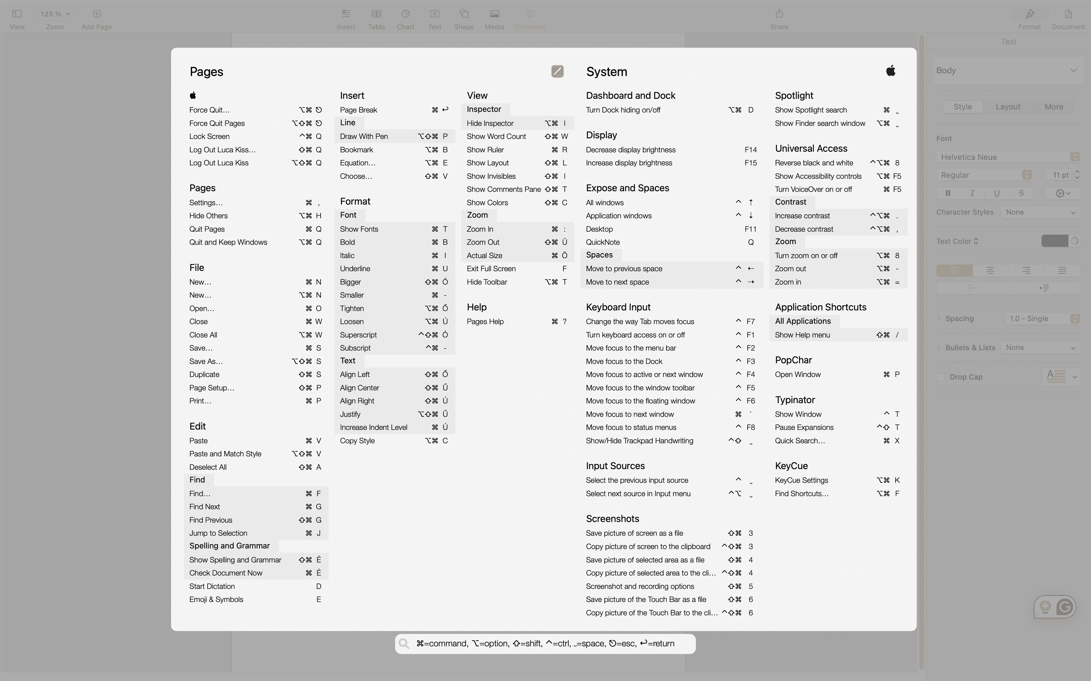 KeyCue shortcut overview shown over Apple Pages on macOS: a tabular list of all keyboard shortcuts for the Pages menus, macOS system functions, and installed apps like Typinator, PopChar, and KeyCue, with a legend of modifier-key symbols at the bottom