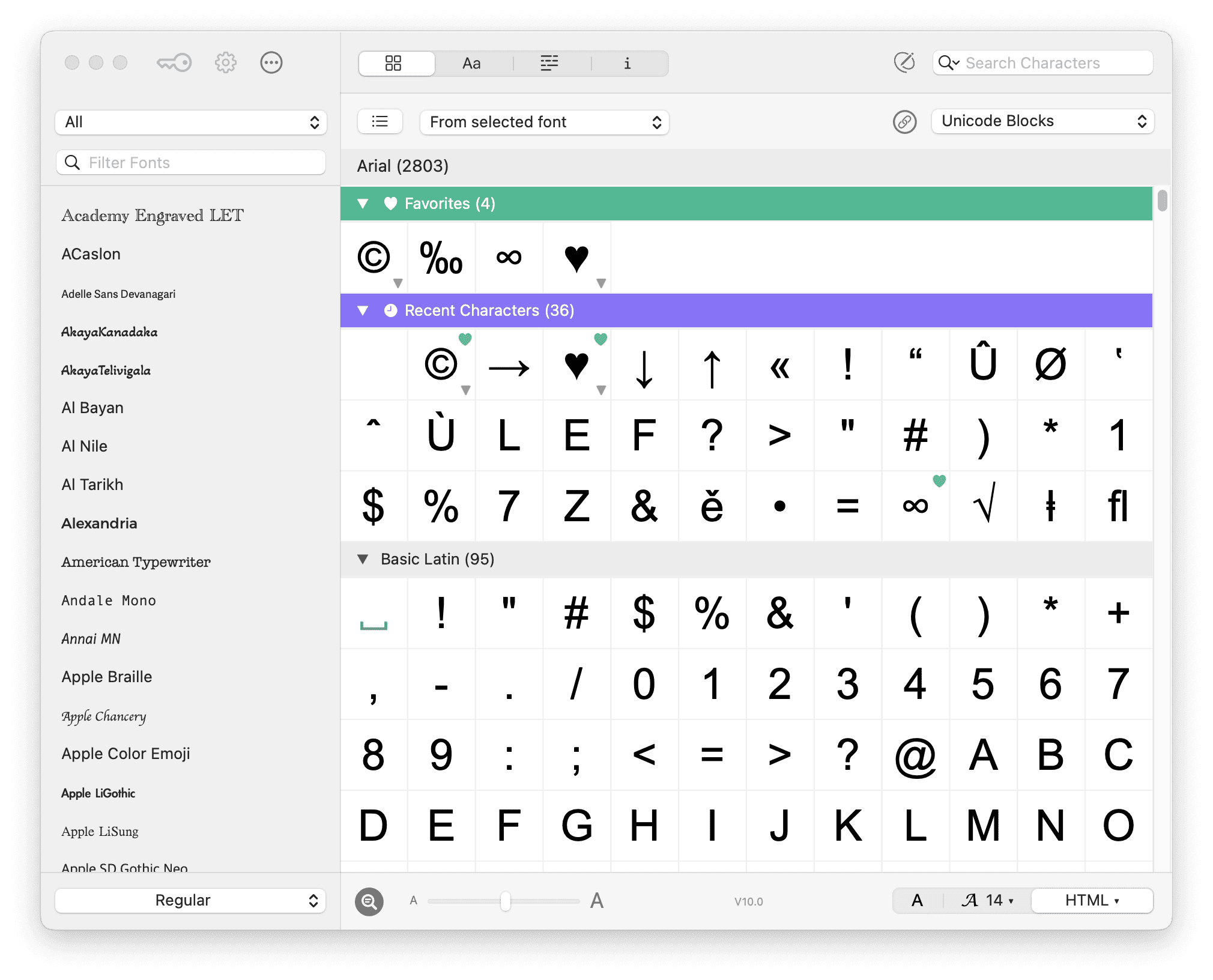 PopChar window on macOS displaying the Arial font's characters, grouped into Favorites, Recent, and Basic Latin, with a font list on the left