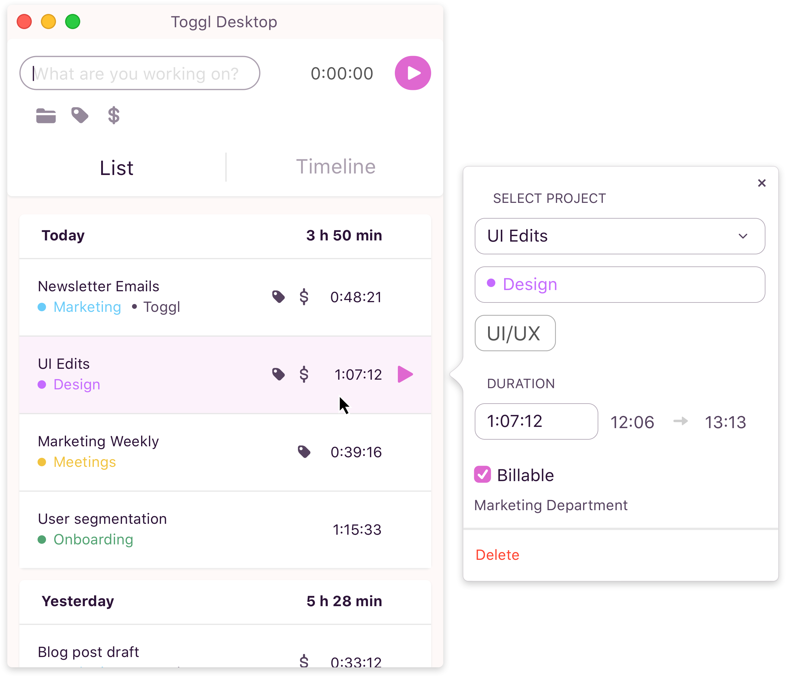 toggl track timer in mac