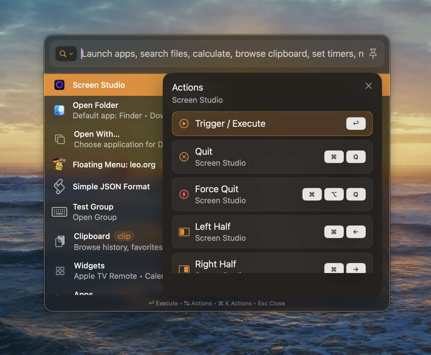Screenshot the BetterTouchTool interface with Screen Studio selected and an Actions menu showing options such as Trigger/Execute, Quit, Force Quit, and window positioning shortcuts.