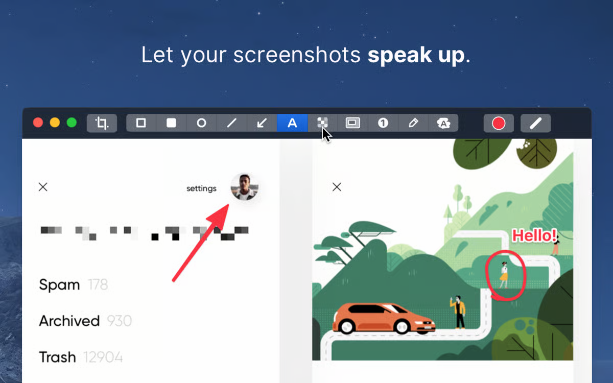 screenshot of CleanShotX demonstrating editing features, including arrows, blurring, text, and highlighting to emphasize or hide information.
