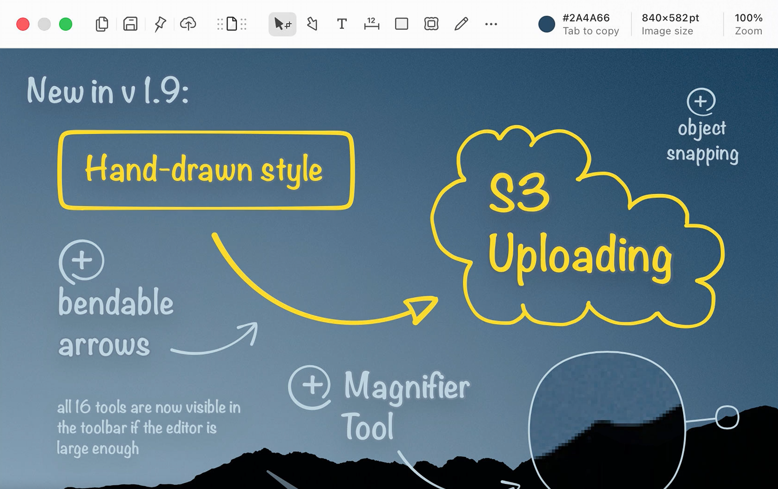 Screenshot of the shottr interface with features, including a hand-drawn style, bendable arrows, S3 uploading, object snapping, and a magnifier tool.