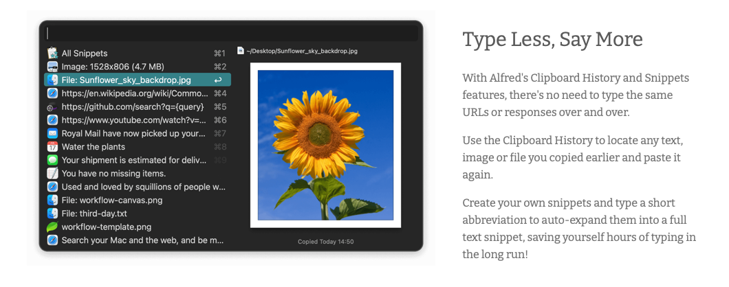 Screenshot of Alfred’s Clipboard History showing previously copied text, links, and files on the left, with a preview of a sunflower image on the right. Accompanying text explains how Clipboard History and Snippets help reduce repetitive typing.