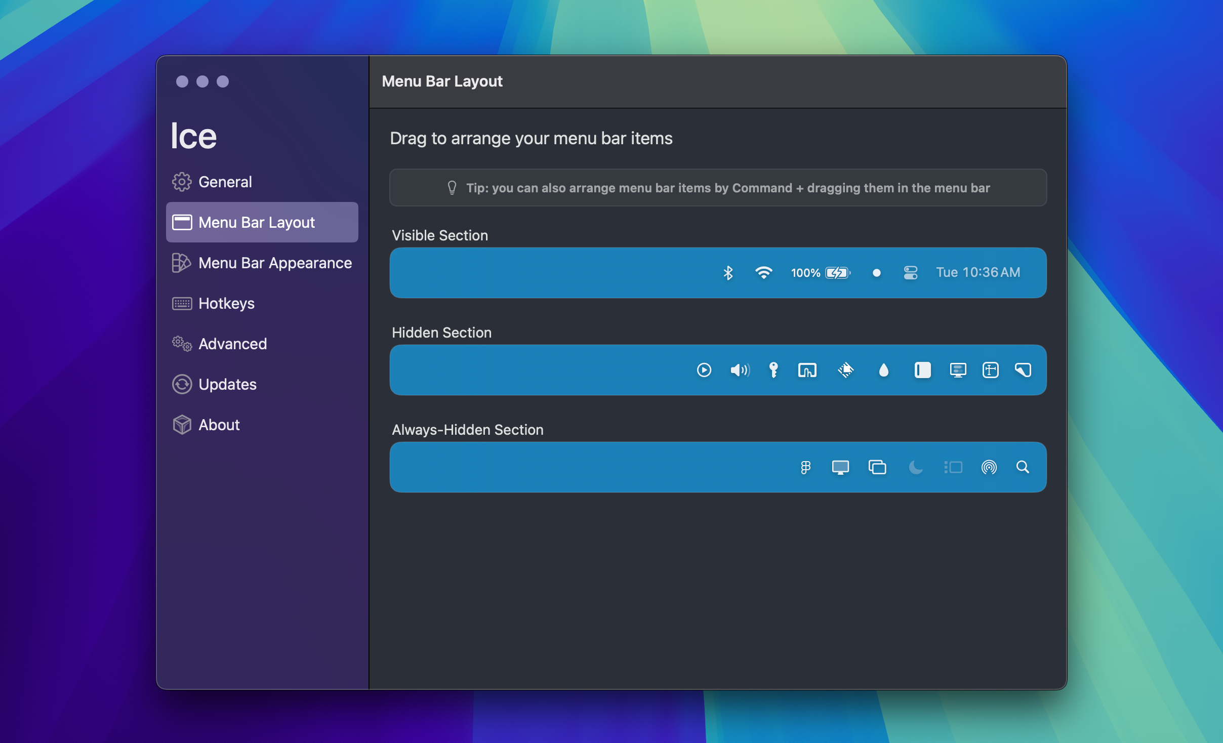 ice interface showing the menu bar layout feature