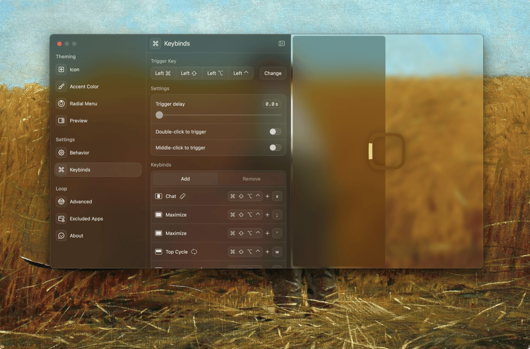 Loop settings window showing the Keybinds panel, with trigger key options, delay and click settings, and a list of customizable keyboard shortcuts. A blurred preview of Loop’s radial menu appears on the right over a warm-toned desktop background.