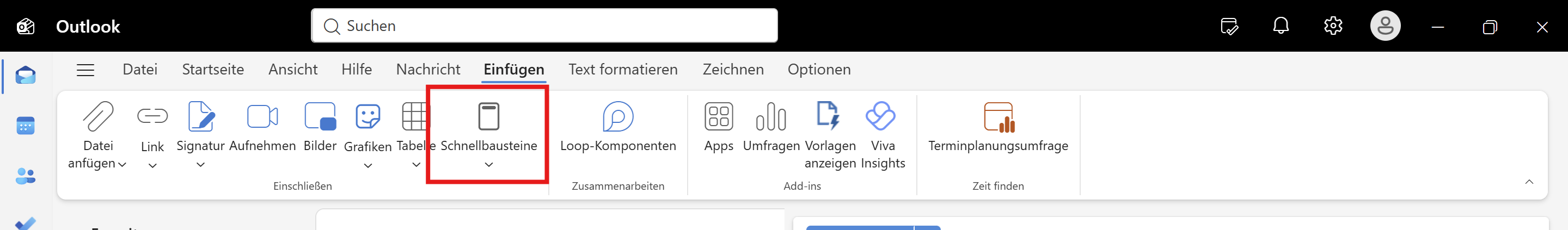 Screenshot of Microsoft Outlook’s Insert tab, with the Quick Parts button highlighted by a red rectangle.