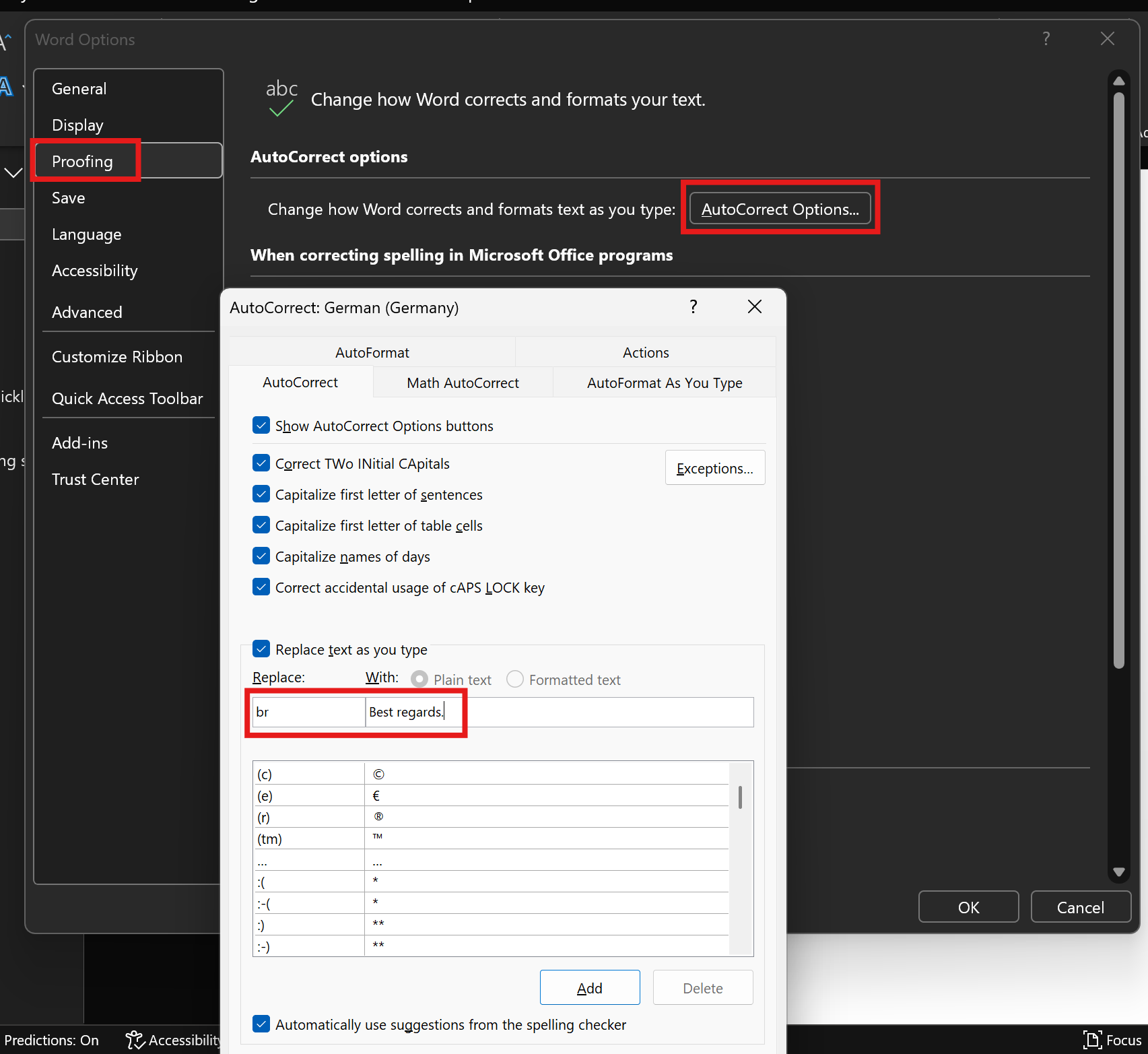 **Alt text:** Microsoft Word Options showing the Proofing settings and AutoCorrect dialog. The highlighted fields demonstrate an AutoCorrect entry that replaces “br” with “Best regards.”
