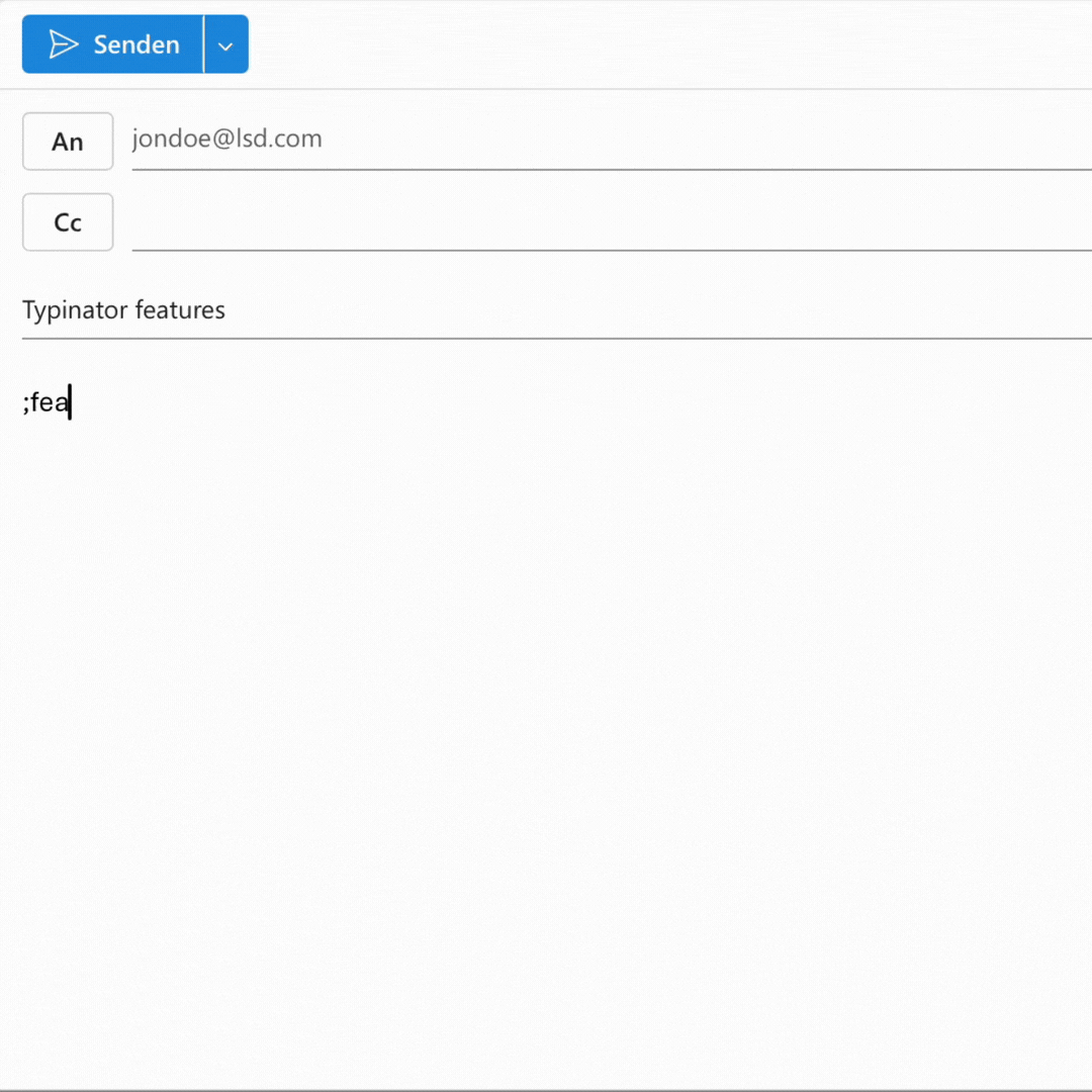 Animated GIF showing an Outlook email being composed to jondoe@lsd.com with the subject “Typinator features.” Typing the abbreviation “;fea” in the message body triggers an automatic text expansion.